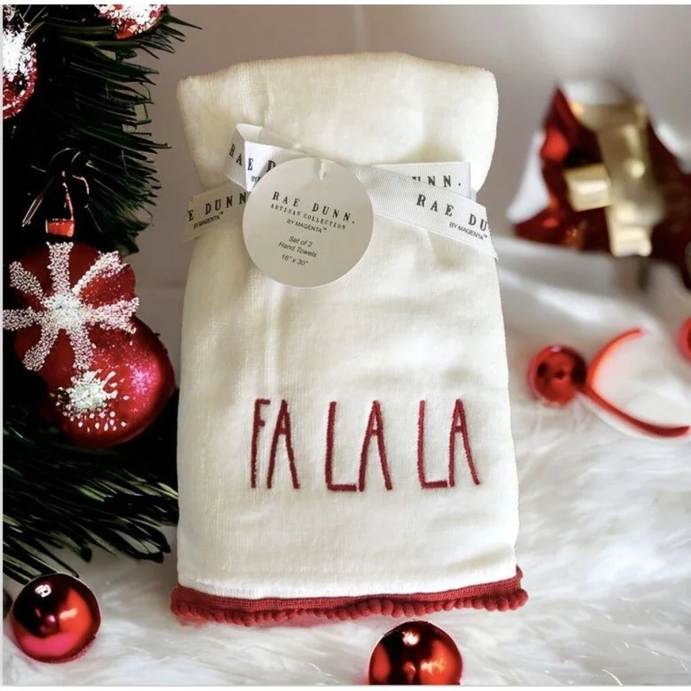 Rae Dunn Christmas Fa La La Hand Towels Set of 2 White Embroidered Guest Bath